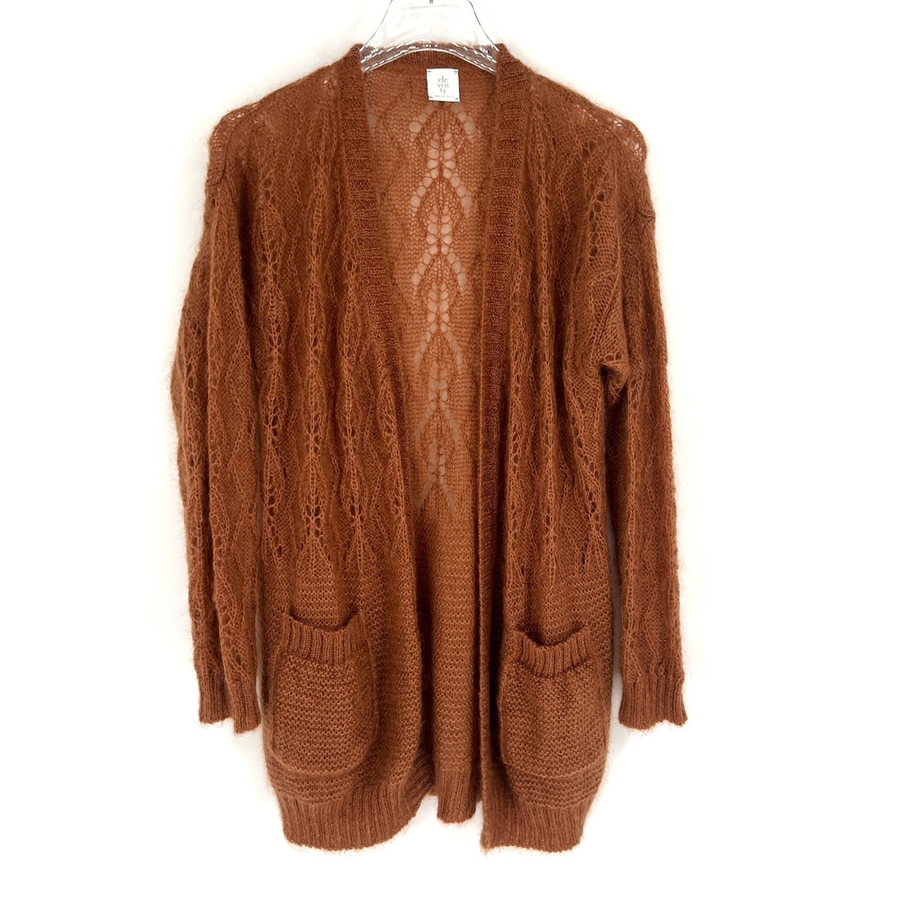 Eleventy Cardigan Womens M/L Brown‎ Open Knit Crochet Classic Cozy
